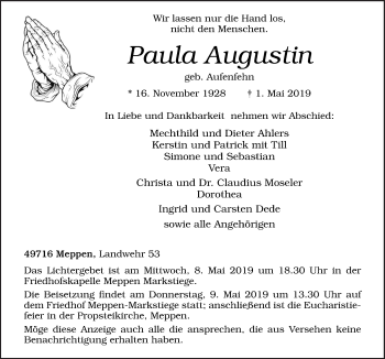 Traueranzeige von Paula Augustin von Neue Osnabrücker Zeitung GmbH & Co. KG