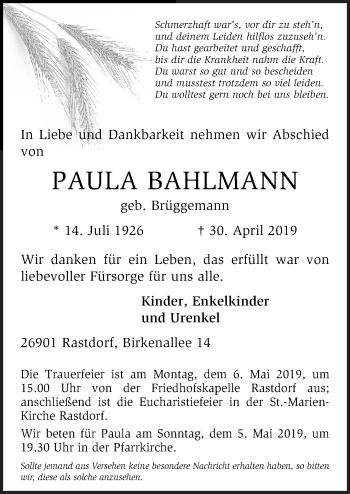 Traueranzeige von Paula  Bahlmann von Neue Osnabrücker Zeitung GmbH & Co. KG