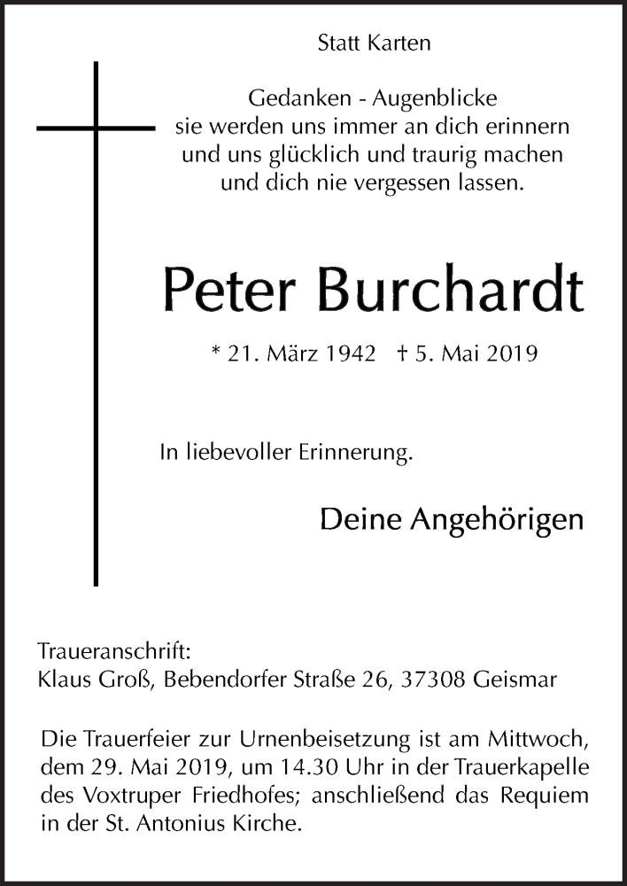  Traueranzeige für Peter Burchardt vom 18.05.2019 aus Neue Osnabrücker Zeitung GmbH & Co. KG