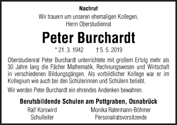 Traueranzeige von Peter Burchardt von Neue Osnabrücker Zeitung GmbH & Co. KG