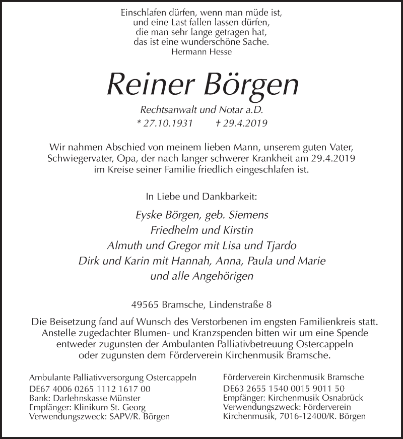  Traueranzeige für Reiner Börgen vom 08.05.2019 aus Neue Osnabrücker Zeitung GmbH & Co. KG