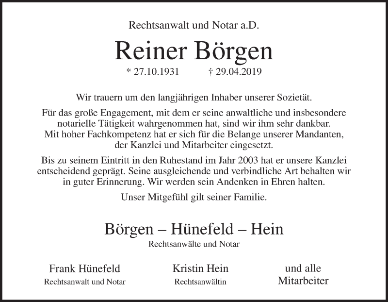  Traueranzeige für Reiner Börgen vom 08.05.2019 aus Neue Osnabrücker Zeitung GmbH & Co. KG