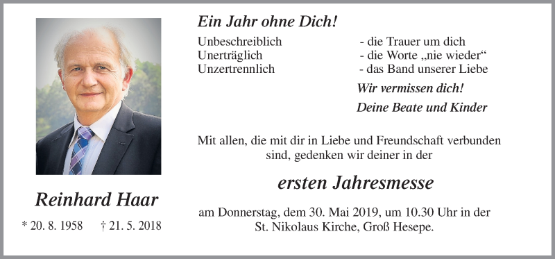  Traueranzeige für Reinhard Haar vom 25.05.2019 aus Neue Osnabrücker Zeitung GmbH & Co. KG