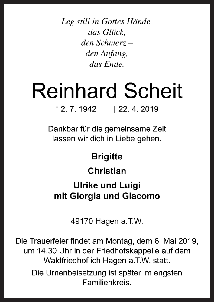  Traueranzeige für Reinhard Scheit vom 02.05.2019 aus Neue Osnabrücker Zeitung GmbH & Co. KG