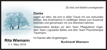 Traueranzeige von Rita Wiemann von Neue Osnabrücker Zeitung GmbH & Co. KG