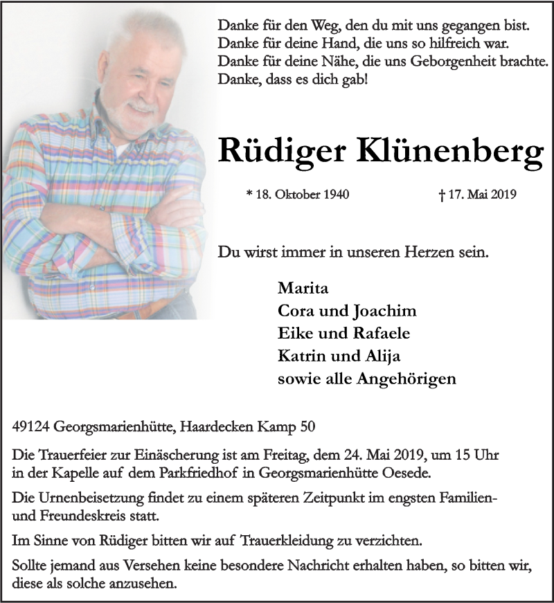  Traueranzeige für Rüdiger Klünenberg vom 21.05.2019 aus Neue Osnabrücker Zeitung GmbH & Co. KG