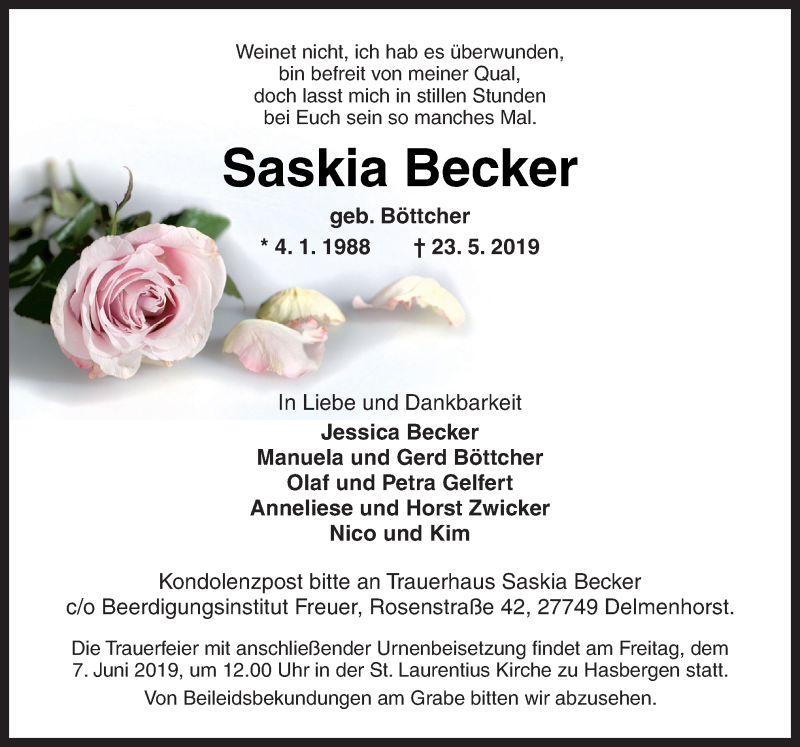  Traueranzeige für Saskia Becker vom 29.05.2019 aus Neue Osnabrücker Zeitung GmbH & Co. KG