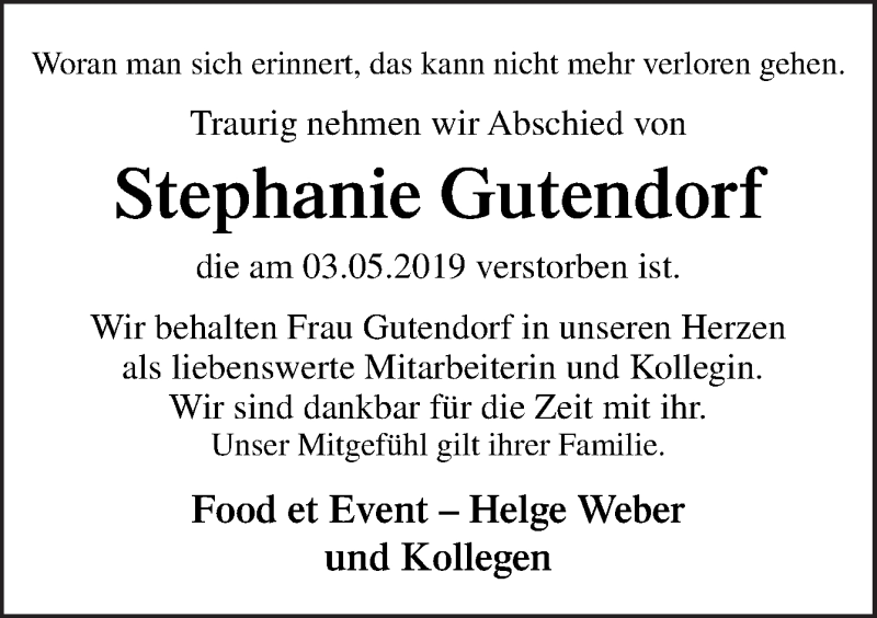  Traueranzeige für Stephanie Gutendorf vom 11.05.2019 aus Neue Osnabrücker Zeitung GmbH & Co. KG