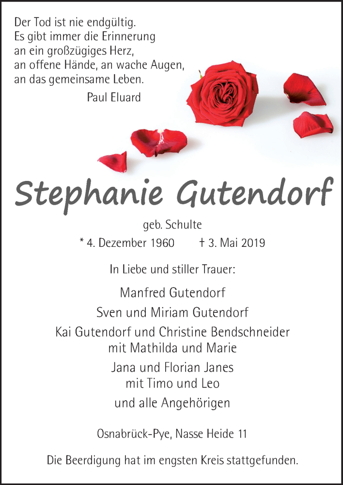  Traueranzeige für Stephanie Gutendorf vom 09.05.2019 aus Neue Osnabrücker Zeitung GmbH & Co. KG