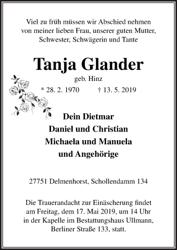Traueranzeige von Tanja Glander von Neue Osnabrücker Zeitung GmbH & Co. KG