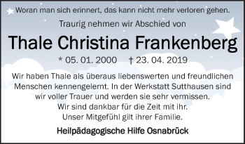 Traueranzeige von Thale Christina Frankenberg von Neue Osnabrücker Zeitung GmbH & Co. KG