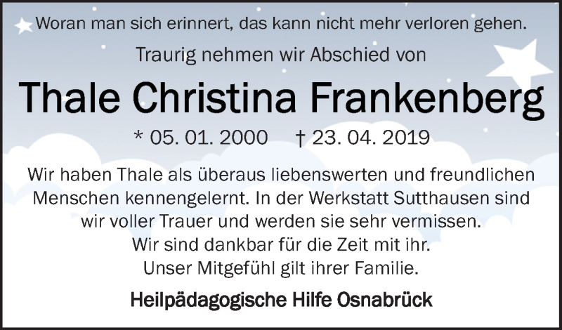  Traueranzeige für Thale Christina Frankenberg vom 03.05.2019 aus Neue Osnabrücker Zeitung GmbH & Co. KG