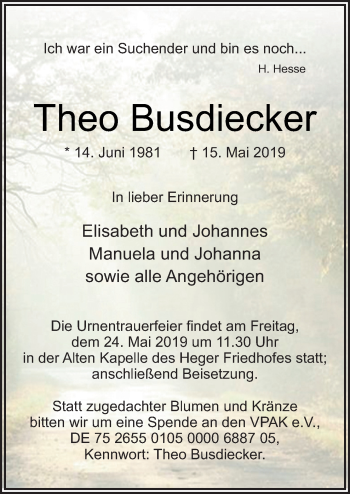 Traueranzeige von Theo Busdiecker von Neue Osnabrücker Zeitung GmbH & Co. KG