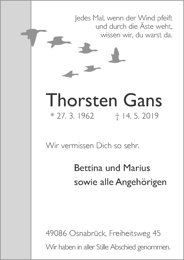  Traueranzeige für Thorsten Gans vom 25.05.2019 aus Neue Osnabrücker Zeitung GmbH & Co. KG