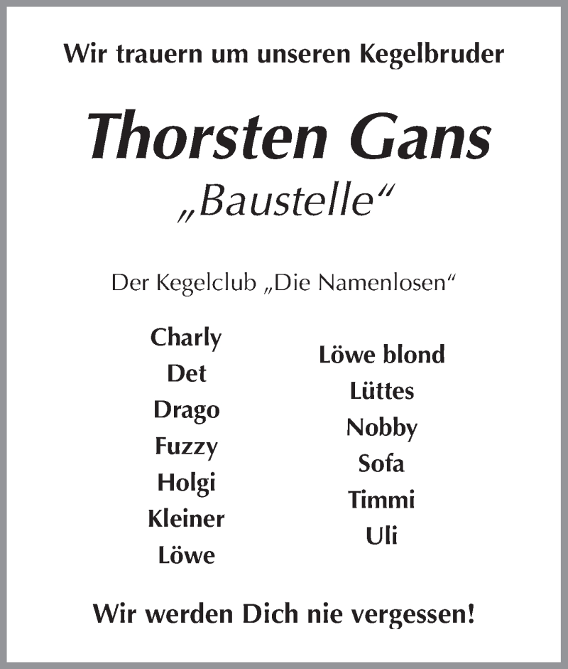  Traueranzeige für Thorsten Gans vom 25.05.2019 aus Neue Osnabrücker Zeitung GmbH & Co. KG