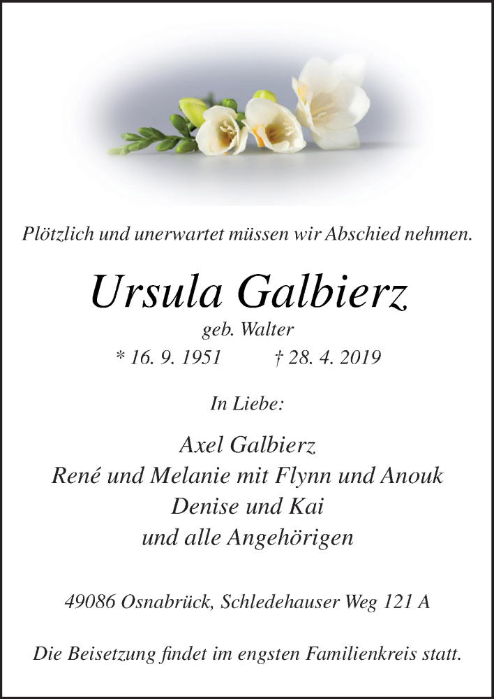  Traueranzeige für Ursula Galbierz vom 04.05.2019 aus Neue Osnabrücker Zeitung GmbH & Co. KG