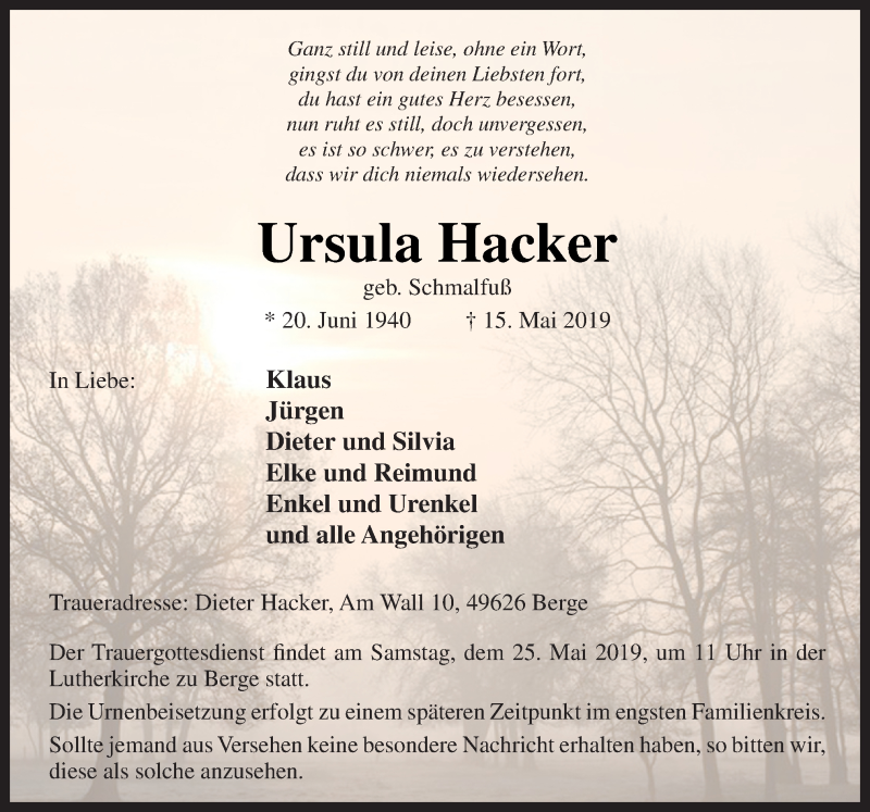  Traueranzeige für Ursula Hacker vom 22.05.2019 aus Neue Osnabrücker Zeitung GmbH & Co. KG