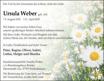 Traueranzeige von Ursula Weber von Neue Osnabrücker Zeitung GmbH & Co. KG