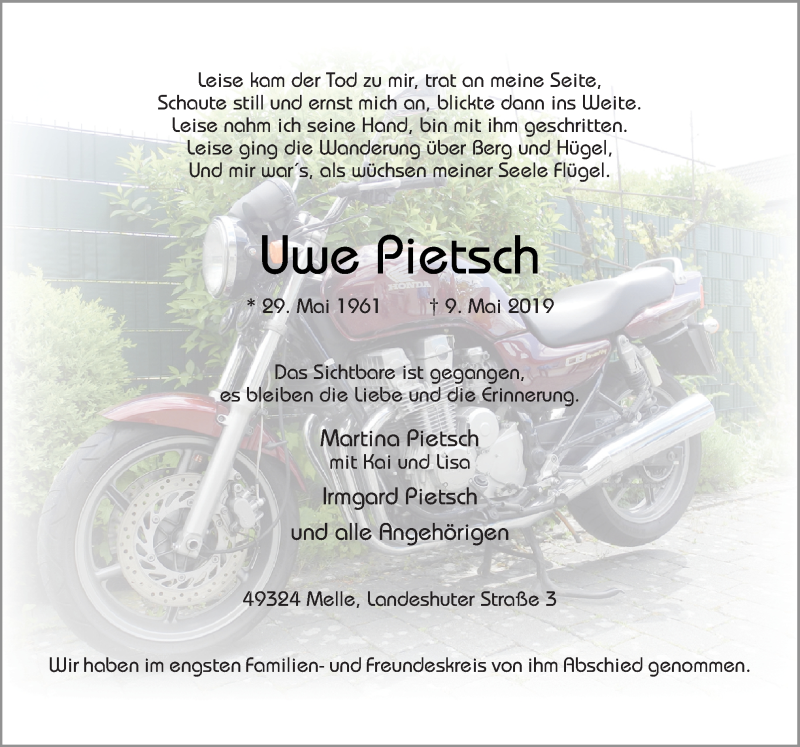  Traueranzeige für Uwe Pietsch vom 18.05.2019 aus Neue Osnabrücker Zeitung GmbH & Co. KG