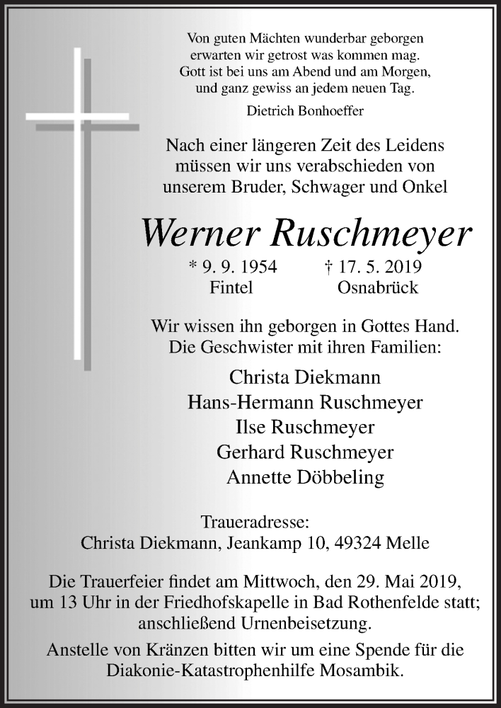  Traueranzeige für Werner Ruschmeyer vom 25.05.2019 aus Neue Osnabrücker Zeitung GmbH & Co. KG
