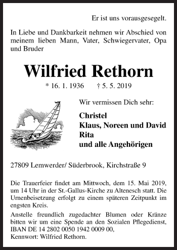 Traueranzeige von Wilfried Rethorn von Neue Osnabrücker Zeitung GmbH & Co. KG