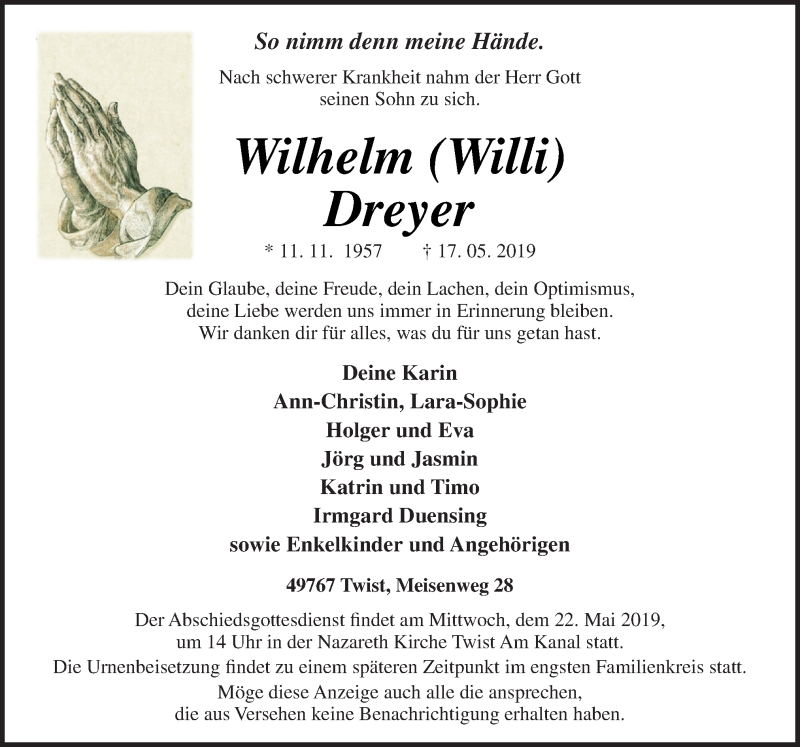  Traueranzeige für Wilhelm Dreyer vom 20.05.2019 aus Neue Osnabrücker Zeitung GmbH & Co. KG