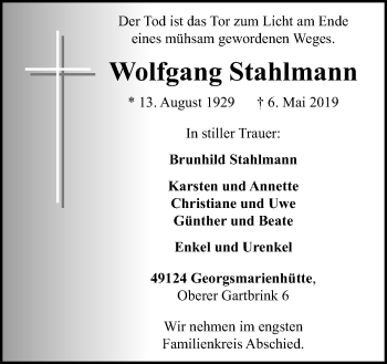 Traueranzeige von Wolfgang Stahlmann von Neue Osnabrücker Zeitung GmbH & Co. KG