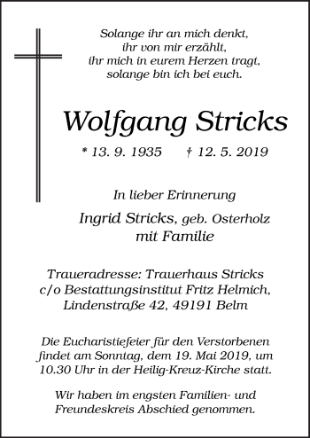 Traueranzeige von Wolfgang Stricks von Neue Osnabrücker Zeitung GmbH & Co. KG