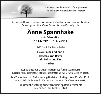 Traueranzeige von Änne Spannhake von Neue Osnabrücker Zeitung GmbH & Co. KG