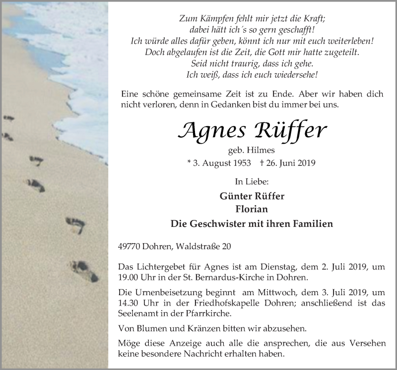  Traueranzeige für Agnes Rüffer vom 28.06.2019 aus Neue Osnabrücker Zeitung GmbH & Co. KG