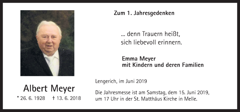  Traueranzeige für Albert Meyer vom 13.06.2019 aus Neue Osnabrücker Zeitung GmbH & Co. KG