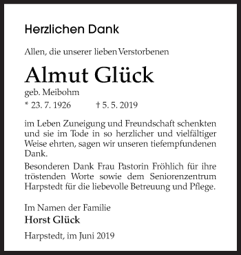 Traueranzeige von Almut Glück von Neue Osnabrücker Zeitung GmbH & Co. KG