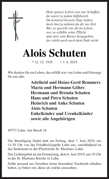 Traueranzeige von Alois Schuten von Neue Osnabrücker Zeitung GmbH & Co. KG