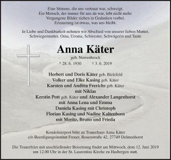 Traueranzeige von Anna Käter von Neue Osnabrücker Zeitung GmbH & Co. KG