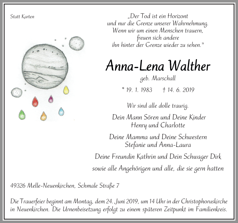  Traueranzeige für Anna-Lena Walther vom 19.06.2019 aus Neue Osnabrücker Zeitung GmbH & Co. KG