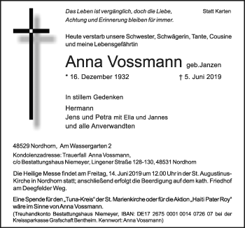 Traueranzeige von Anna Vossmann von Neue Osnabrücker Zeitung GmbH & Co. KG