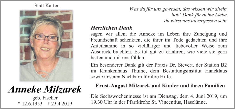  Traueranzeige für Anneke Milzarek vom 01.06.2019 aus Neue Osnabrücker Zeitung GmbH & Co. KG