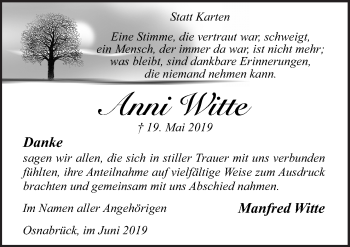 Traueranzeige von Anni Witte von Neue Osnabrücker Zeitung GmbH & Co. KG