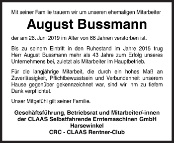 Traueranzeige von August Bussmann von Neue Osnabrücker Zeitung GmbH & Co. KG