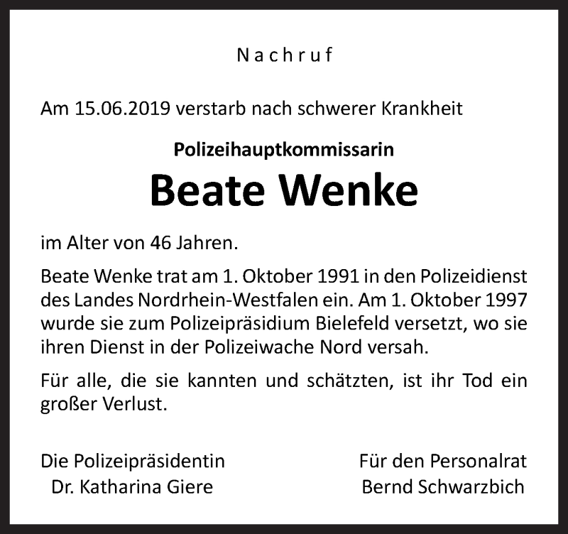  Traueranzeige für Beate Wenke vom 19.06.2019 aus Neue Osnabrücker Zeitung GmbH & Co. KG