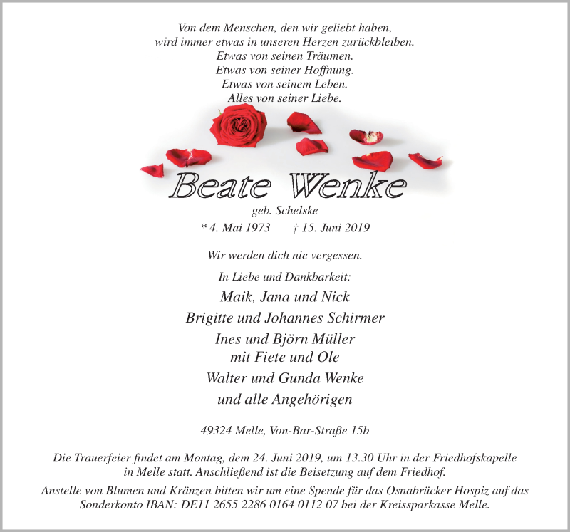  Traueranzeige für Beate Wenke vom 19.06.2019 aus Neue Osnabrücker Zeitung GmbH & Co. KG