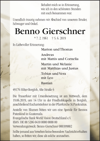 Traueranzeige von Benno Gierschner von Neue Osnabrücker Zeitung GmbH & Co. KG