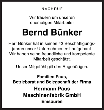 Traueranzeige von Bernd Bünker von Neue Osnabrücker Zeitung GmbH & Co. KG