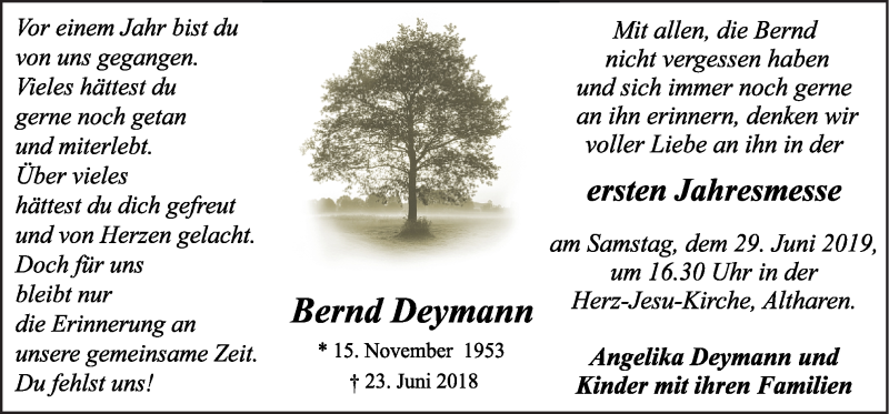 Traueranzeige für Bernd Deymann vom 26.06.2019 aus Neue Osnabrücker Zeitung GmbH & Co. KG