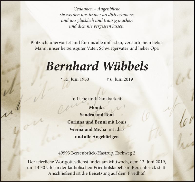  Traueranzeige für Bernhard Wübbels vom 08.06.2019 aus Neue Osnabrücker Zeitung GmbH & Co. KG