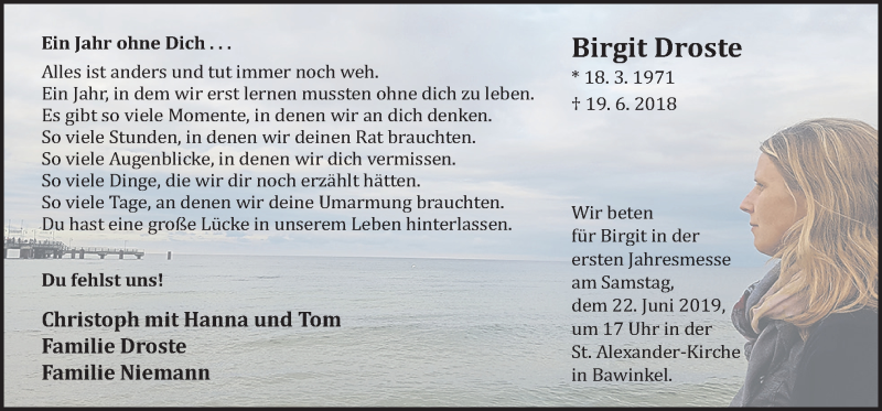  Traueranzeige für Birgit Droste vom 19.06.2019 aus Neue Osnabrücker Zeitung GmbH & Co. KG