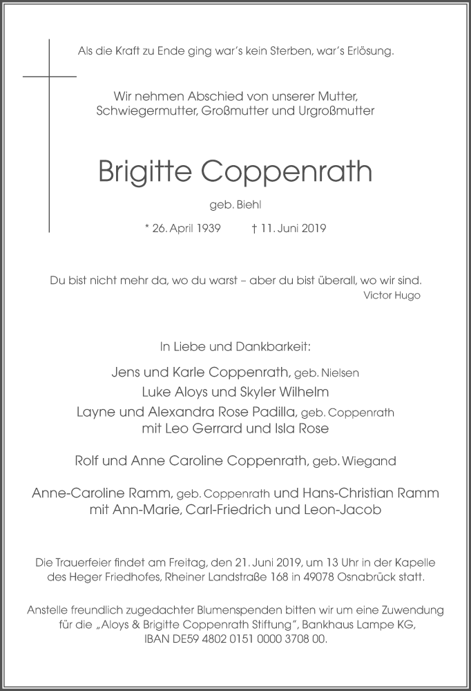 Traueranzeige für Brigitte Coppenrath vom 15.06.2019 aus Neue Osnabrücker Zeitung GmbH & Co. KG