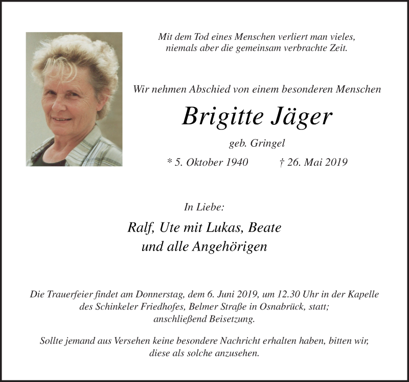  Traueranzeige für Brigitte Jäger vom 01.06.2019 aus Neue Osnabrücker Zeitung GmbH & Co. KG