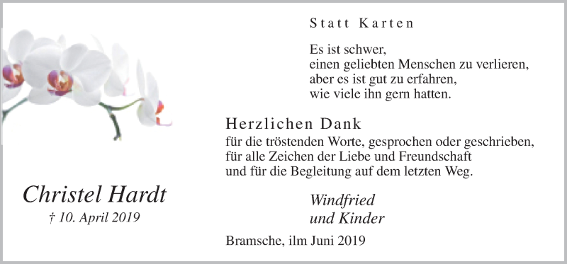  Traueranzeige für Christel Hardt vom 08.06.2019 aus Neue Osnabrücker Zeitung GmbH & Co. KG