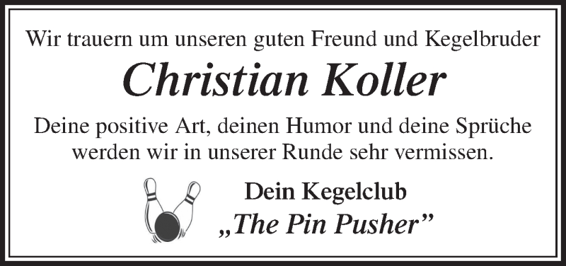  Traueranzeige für Christian Koller vom 21.06.2019 aus Neue Osnabrücker Zeitung GmbH & Co. KG